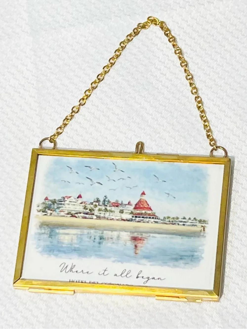 Mini Framed Watercolor Landscape Painting: Misty Oregon Lake in Brass Frame, New